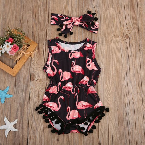 

canis tassel newborn toddler baby kids girls flamingo romper tassel jumpsuit headband outfits summer clothes, Blue