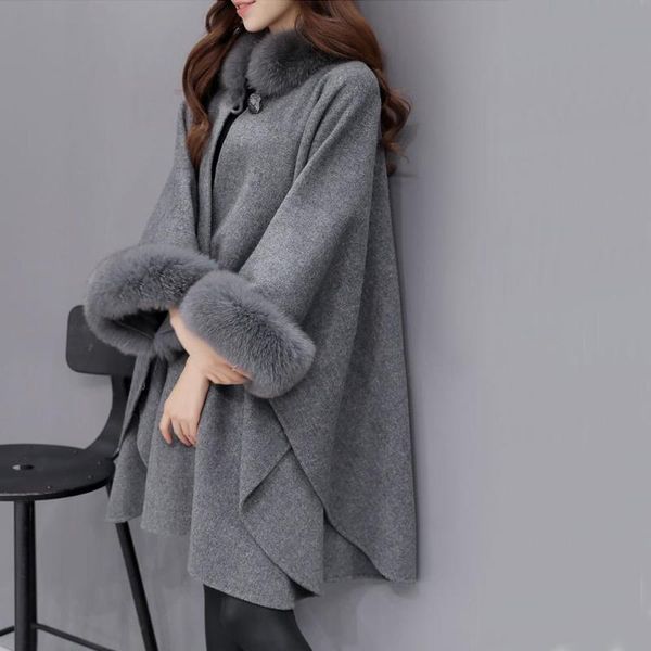 

new vintage woolen coat women winter loose imitation fur collar stylish high street outerwear elegant office lady overcoat, Black