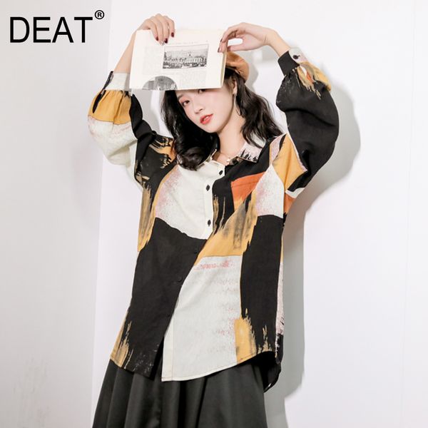 

deat] women printed mixed color split blouse new lapel long sleeve loose fit shirt fashion tide spring autumn 2020 13r021, White