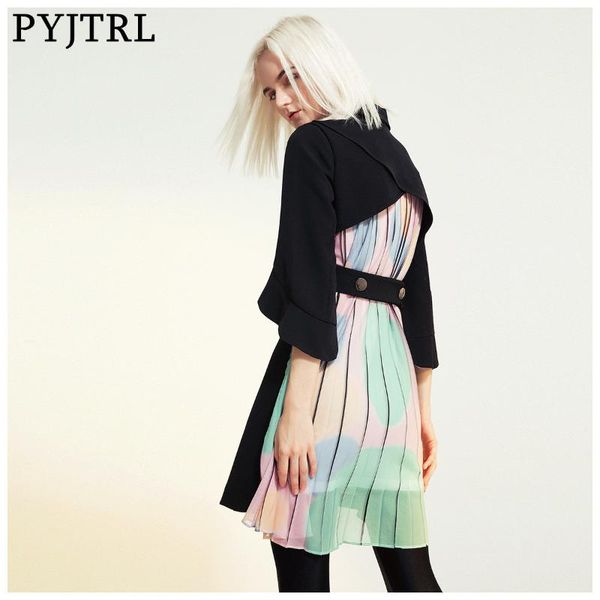 

pyjtrl women fashion stitching pleated double-breasted three quarter sleeve suit jacket slim casual chiffon dress coat blazers, White;black