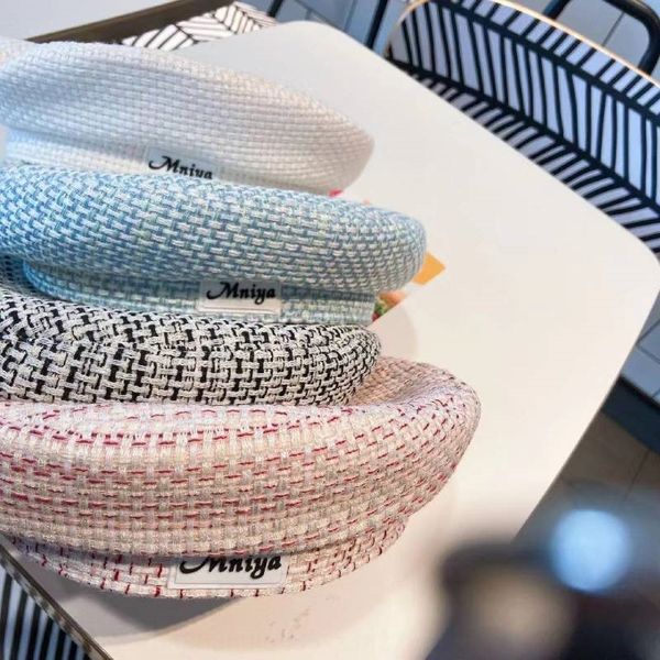 

female season korean style small fragrance letter label beret literary beret cap hat simple all-match plaid navy hat, Blue;gray