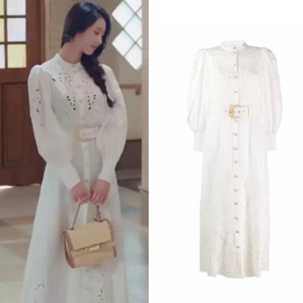 

seo yea ji same new drama 2020 fashion new hollow bubble sleeve high waist long dress, White
