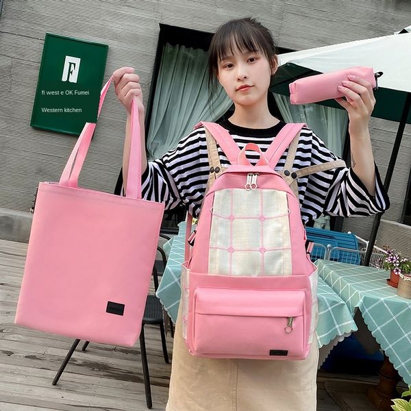 

1lqde трех частей сумка холст простой плед напечатаны рюкзак холст износостойкий путешествия рюкзак школьный для студентов женского пола в н