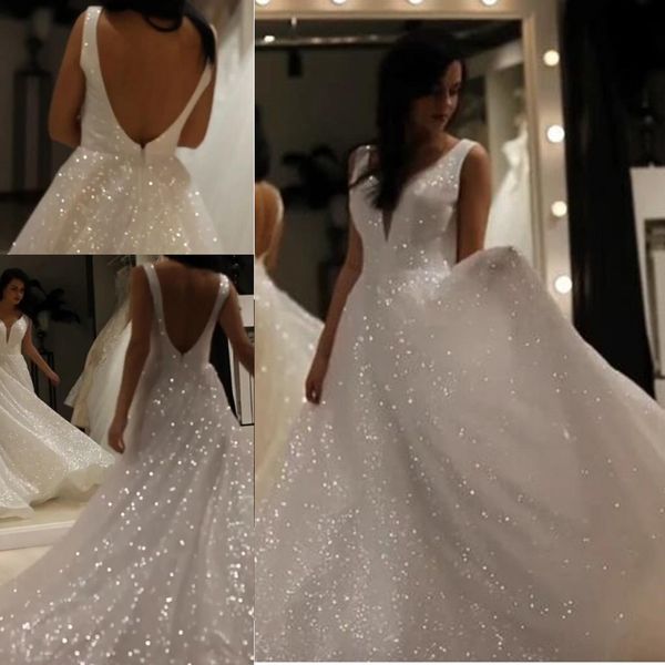 

2020 glitter princess wedding dress deep v neck bling a line shiny beauty bridal dress wedding gowns vestido novia, White