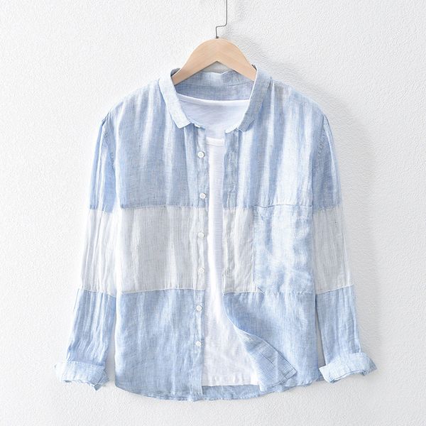 

men spring fashion japan style shirt long sleeve pure linen stripe patchwork pockets male casual harajuku blouses, White;black