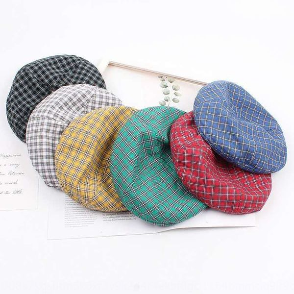 

female summer breathable british plaid thin korean fashion hat cotton linen beret cotton and linen beret hat, Blue;gray