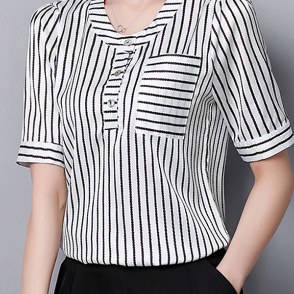 

women fashion black white stripe chiffon shirt new summer office lady shirt women blouses short sleeve blusas fashion 2020