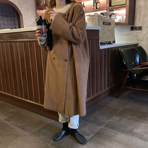 

yellow tie] women's 2019 winter korean style loose coat double-breasted fur-fur one-piece mid-length coat wt23730, Black