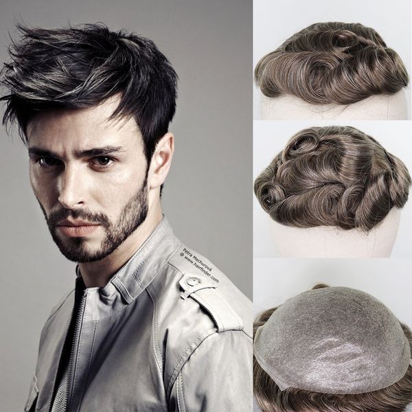 

men's toupee 8x10 thin pu brown mix grey color skin replacement system 6 inch malaysia remy hairpiece mix color men wig, Black