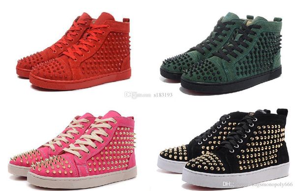 

new 2019 designer sneakers red bottom shoe high help suede spike luxury shoes for men and women shoes party wedding crystal leather sneakers, Black