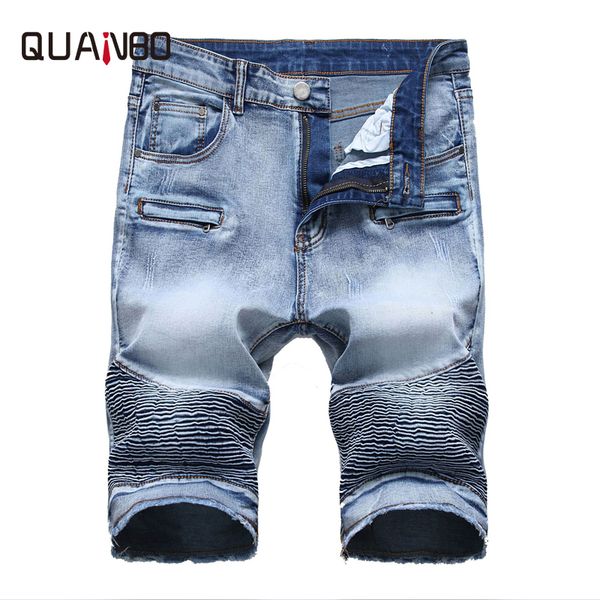 

quanbo 2020 summer new biker moto mens denim shorts fashion pleated zipper slim fit men jeans shorts big size 40 42 brand, Blue