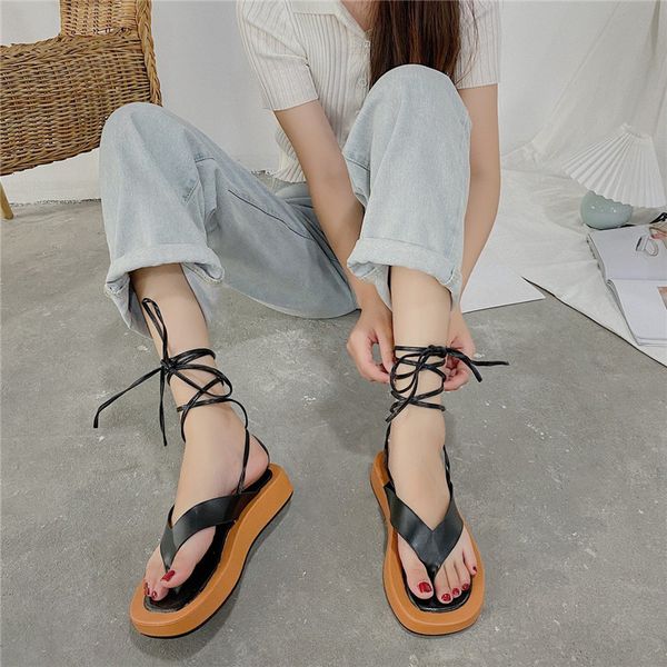 

новая мода сандал нескользящая платформа 4см пятки сандалии пряжки вскользь lace up dropshipping женщины летние сандалии мода обувь, Black