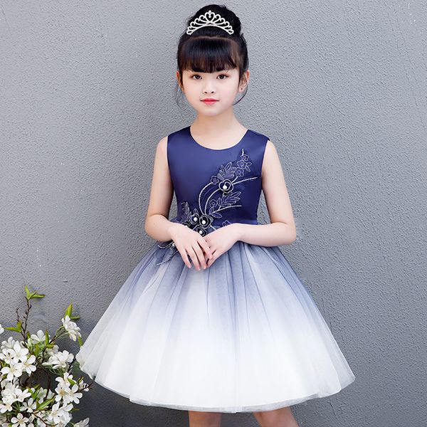 

cute children celebration clothing kids party evening princess sundress navy blue flower little girls dress up wedding events t200709, Red;yellow