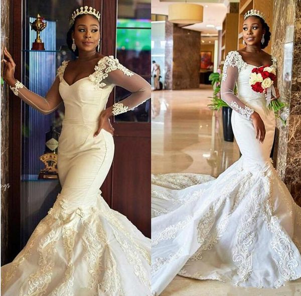 

luxury 2021 african mermaid plus size wedding dresses v neck bridal dress long sleeves vintage court train wedding gowns, White