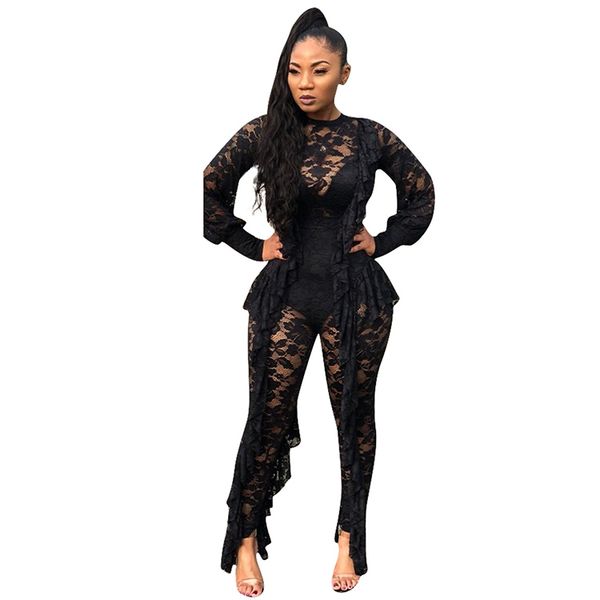 

leosoxs jumpsuits for women 2020 autumn ruffle egde lace see through night club bodycon long sleeve jumpsuit women, Black;white