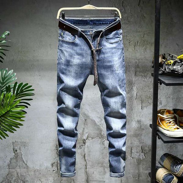 

летний прилив бренда отверстие длинные брюки мужчины прямой тонкий эластичный светлый цвет джинсы мужчины патч ретро старые случайные дизайн, Blue