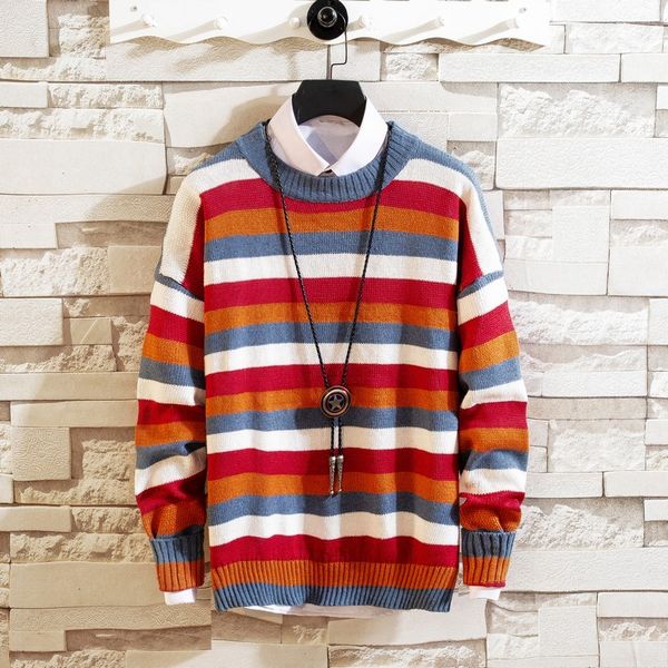 

men's sweaters korean style men pullovers long sleever jumper colorful knitted autumn casual sueter sleeve rainbow sweater, White;black