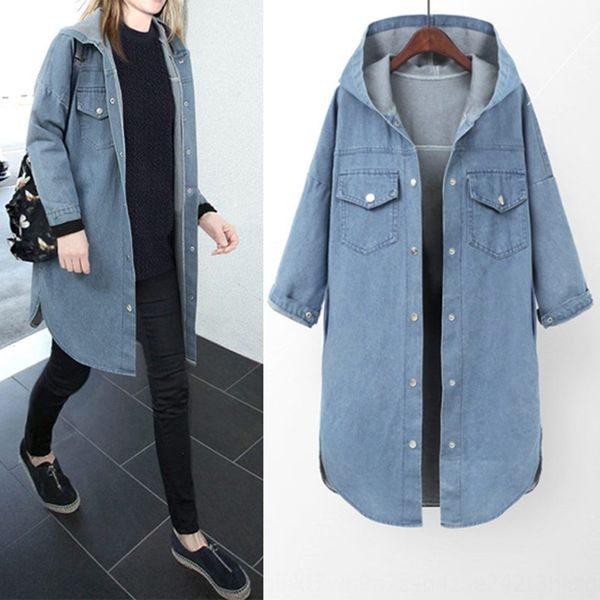 

2019 стиль весны пальто новое большого размера женщины рыхлый с капюшоном джинсового пальто для жира мм, Tan;black