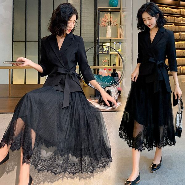 

work dresses elegant office lady suit uniform formal skirt suits jacket 2 piece set women net lace blazer, White;black