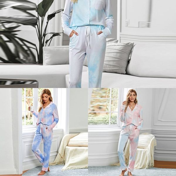 

2020 autumn and pajamas trousers and winter new tie-dyed home clothes set women's long-sleeved trousers pajamas 451011, Blue;red