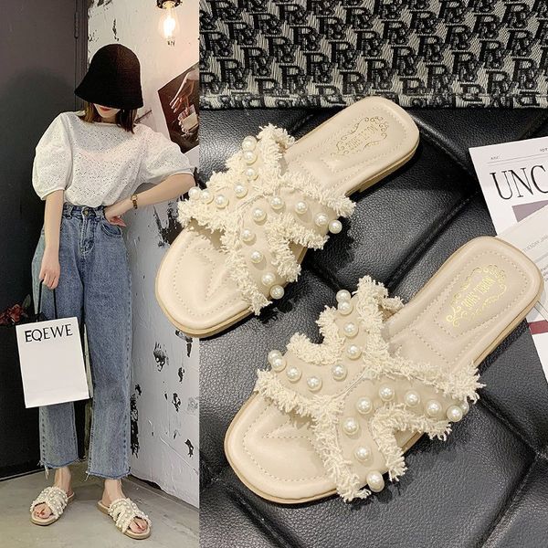 

summer women's slippers zapatos de mujer pearls fashion beach slipper flat shoes women slides plus size flip flops open toe, Black