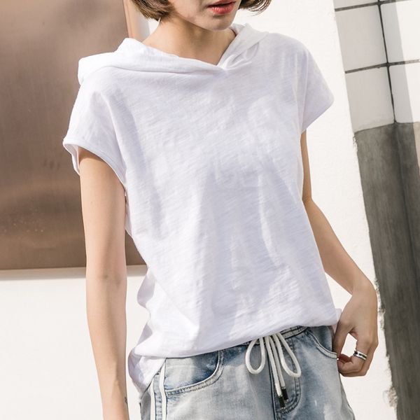 

new fashion t shirt women black hooded t-shirt harajuku casual drawstring solid short sleeve cotton streetwear bbf tshirts, White