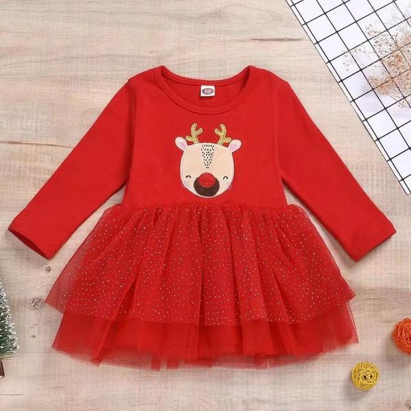 

девочка рождество платье дети малышей младенца платье красного хлопка с длинным рукавом elk тюль туту платье девушки бутик эпикировка подарк, Red;yellow