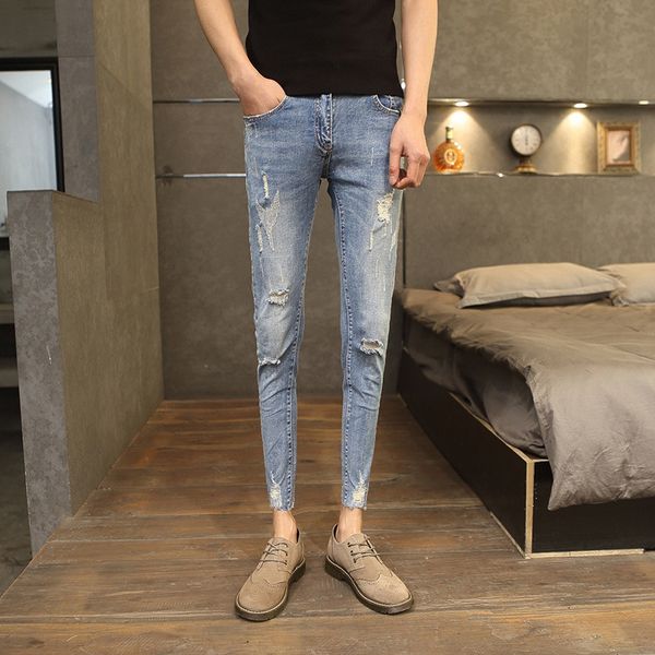 

разорванные джинсы мужских девять пунктов приталенной лодыжек быстрой руки дух социальной мода плотно обтягивающие брюки брюки, Blue