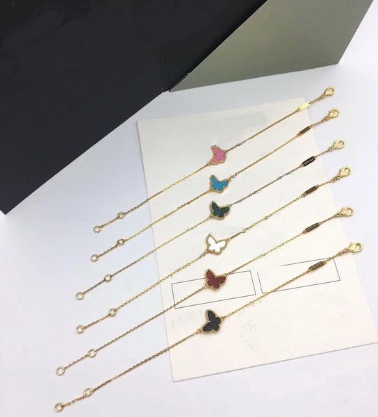 

europe america fashion lady women brass single motifs onyx mother of pearl malachite carnelian mini butterfly 18k gold chain bracelets, Black