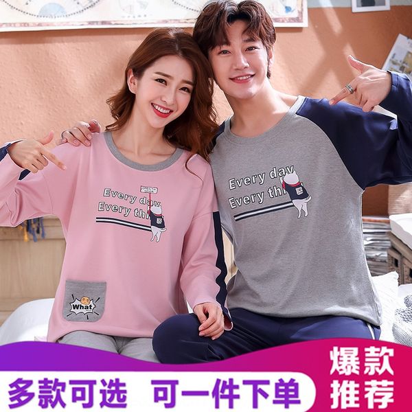 

couple wo autumn long sleeve cotton men's and women's season cartoon cute pajamas pajamas korean style home clothes set, Blue;red