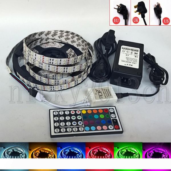 

full kit 5m 5050 rgb led flexible strip light tape 600leds double row ip20 non waterproof + 12v 8a power supply + 44key remote controller