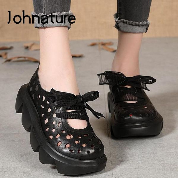 

johnature retro women sandals genuine leather lace-up women shoes casual wedges 2020 new summer platform hollow ladies sandals, Black