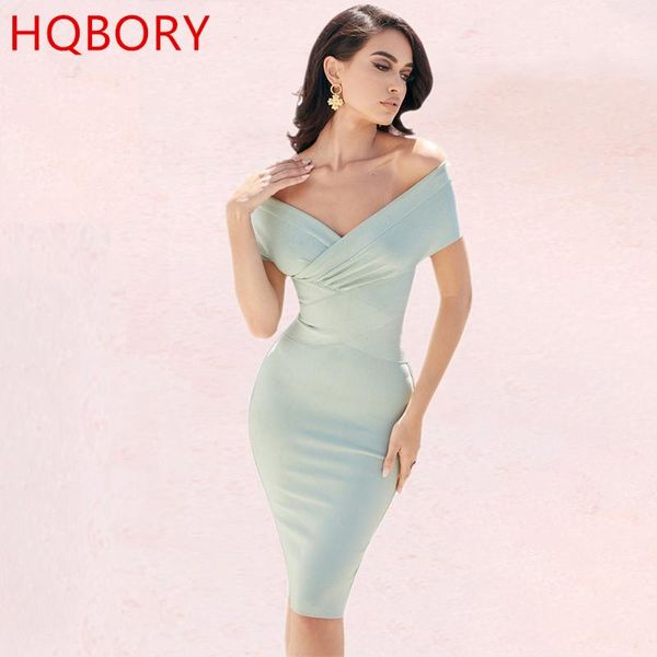 

casual dresses hqbory 2021 est summer women's off shoulder boat neck green party dress knee length bodycon club cocktail bandage, Black;gray