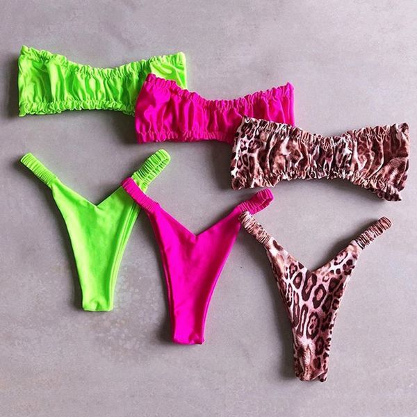 

leopard extreme brazilian bikini thong 2020 high leg cut swimwear female bathing suit wrinkled swimsuit women bandeau bikini set, White;black