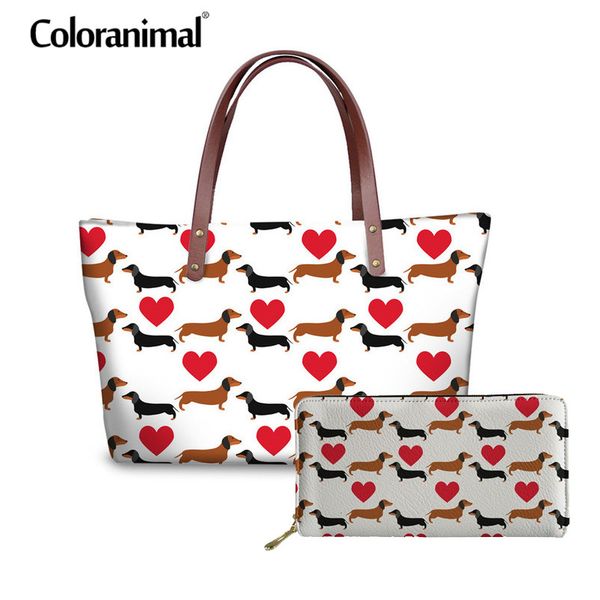 

coloranimal dachshund dog women large capacity handbag 3d animal print brand design 2pcs set shoulder bag lady leather pu wallet