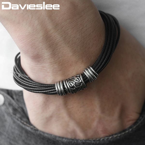 

davieslee mens leather bracelet black tone multilayer braided leather bracelets for men stainless steel magnetic clasps ldlb104