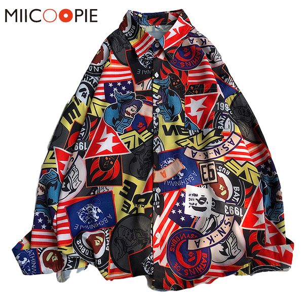 

autumn long sleeved camisas para hombre street hip hop printed mens loose shirt dress casual oversize harajuku shirts for men, White;black