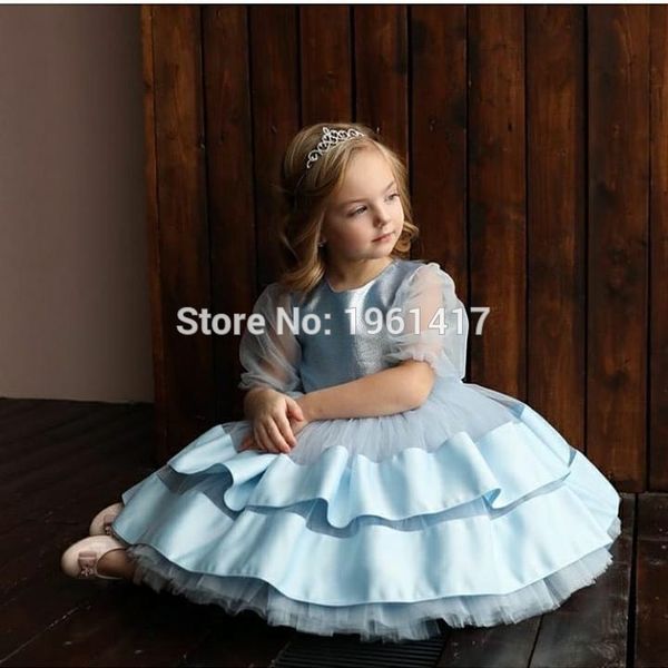 

sky blue flower girl dress with bow knee-length satin cute kids birthday party gowns custom made ruffles, Red;yellow