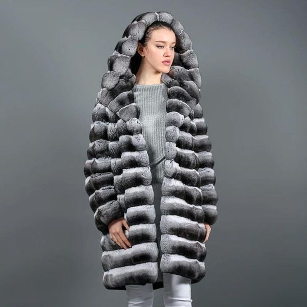 

fursarcar luxury natural rex fur 80cm long coat long sleeve women fur jacket winter fashion warm coat hood, Black