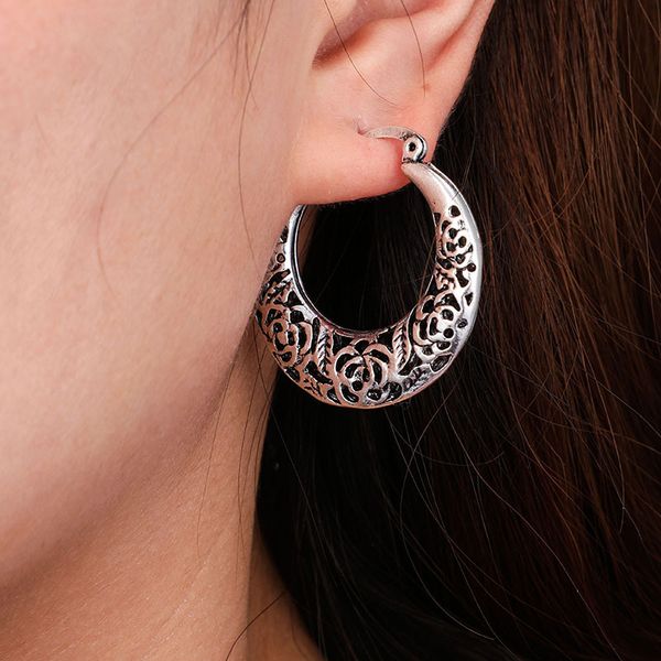

designer earrings vintage antique silver color geometric moon hollow hoop earrings ethnic punk piercing earring for women jewelry 6750, Golden