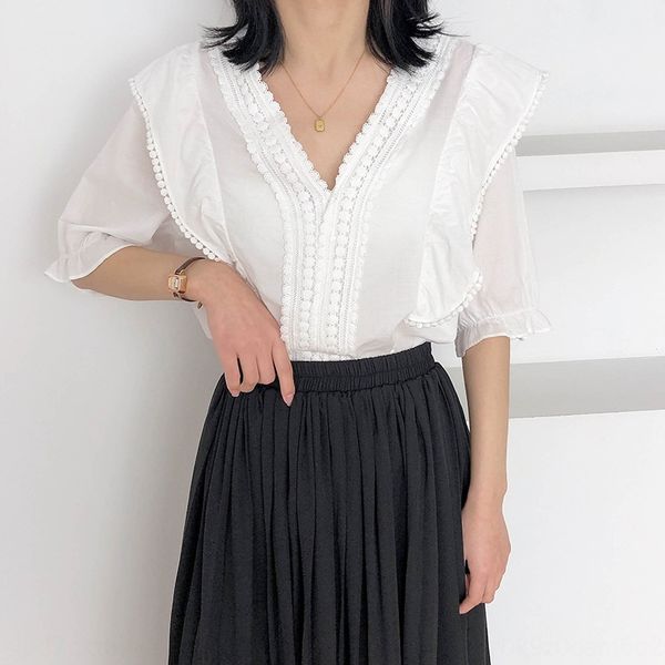 

трехмерный мяч вышитого v-образный вырез с коротким рукавом рубашка для женщин 2020 летнего нового корейского стиля свободного рубашка с кор, White