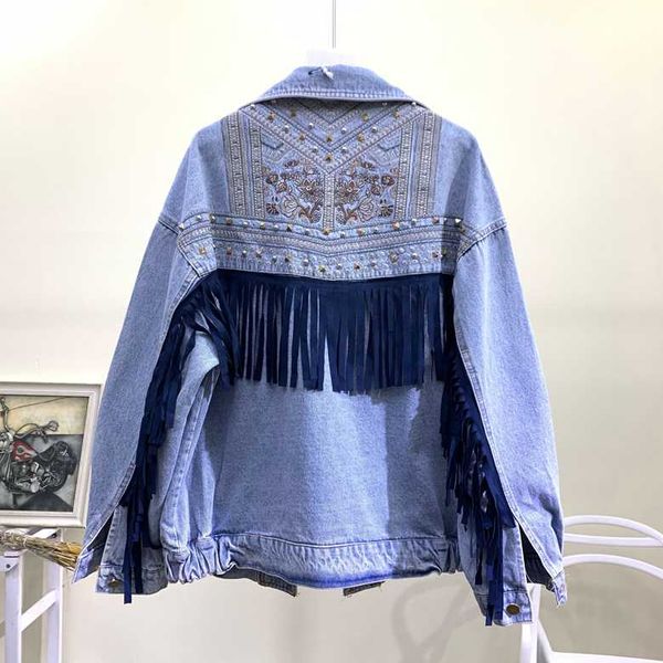 

2020 autumn women jacket coat flower embroidery rivet beading back tassels women denim coat jackets chaqueta mujer outwear, Black;brown