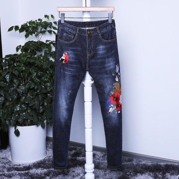 

men's jeans fashion casual vintage denim long pants motorcycle wrinkle multi-pocket trousers, Blue