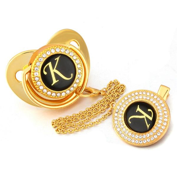 

gold name initials letter k baby pacifier and pacifier clip luxury rhinestone sparkling holder bpa dummy soother