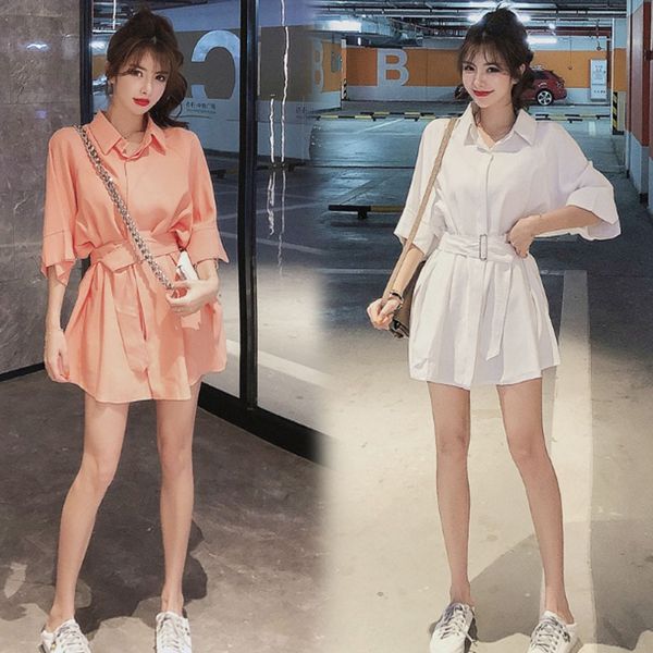 

2020 new korean style fashion hong kong style elegant lapel half sleeve shirt loose mid-length shirt dress for women, Black;gray