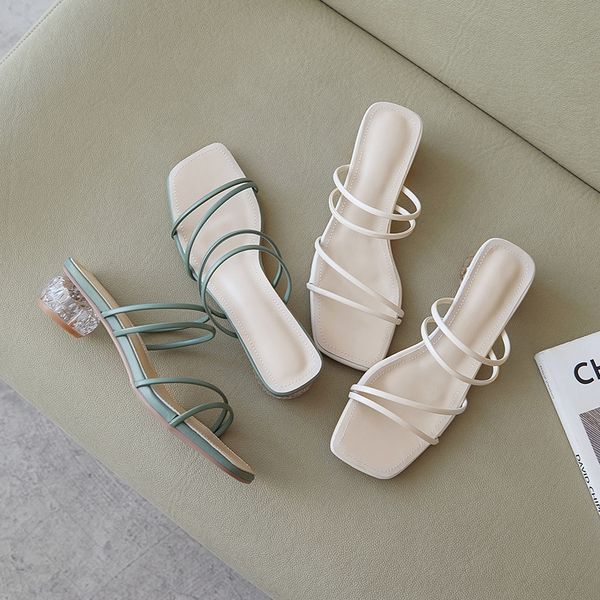 

c0gsk roman thin with thick heel and crystal square toe sandals women's summer 2020 crystal rice white outer wear mid heel with two-way