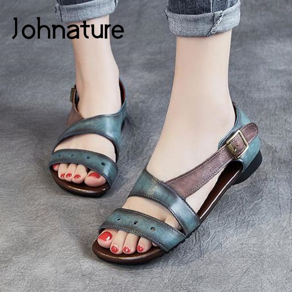 

johnature retro sandals women shoes genuine leather 2020 new summer sewing flat with buckle strap casual handmade ladies sandals, Black