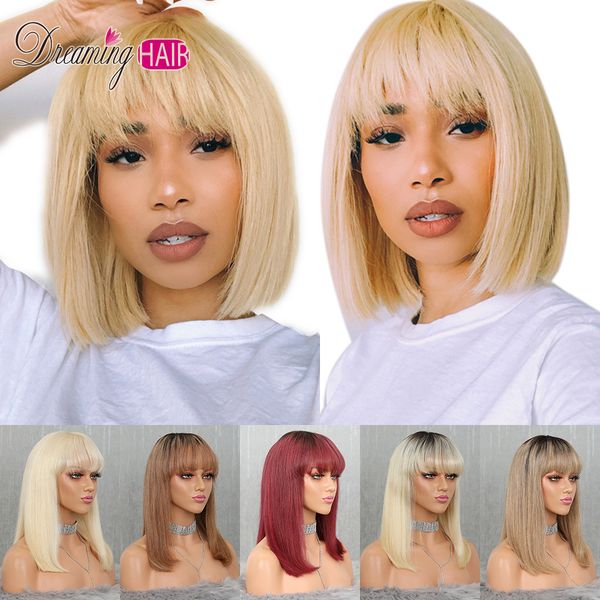 

613 short cut 13x4 bob lace front human hair wig with bangs honey blonde color transparent lace front wigs for white woman, Black