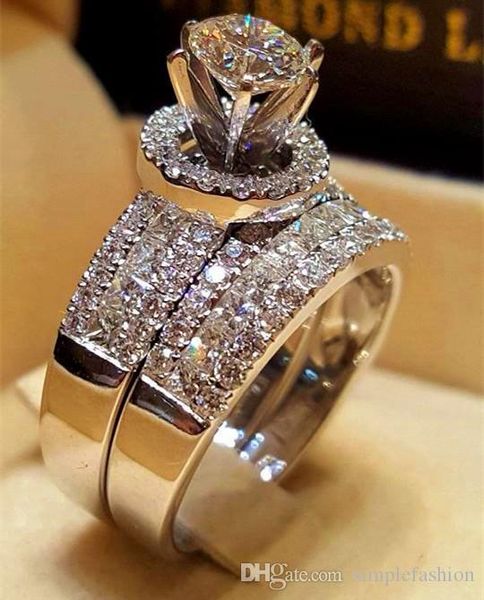

luxury crystal diamond female big queen ring set fashion 925 silver bridal wedding rings for women promise love engagement ring, Slivery;golden
