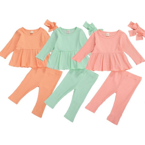 

clothing sets 3pcs fashion fall winter baby girls clothes ribbed solid casual long sleeve mini dress+pants+headband toddler kids set, White
